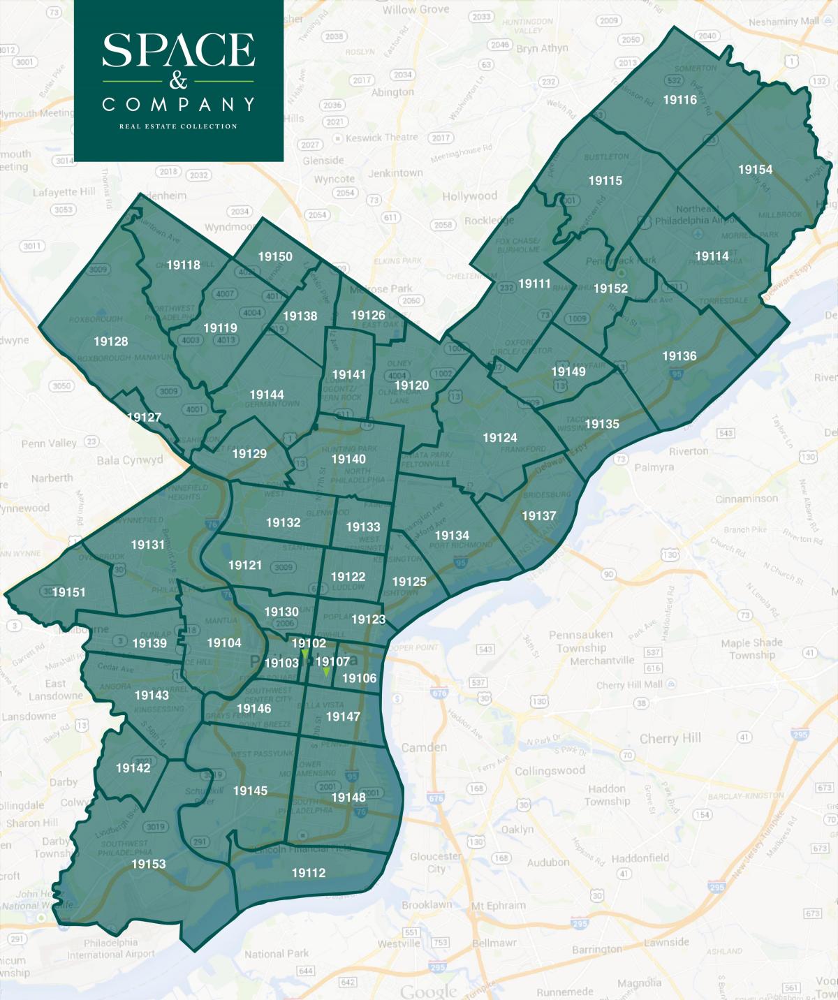 mappa del centro di Philadelphia, c.a.p.